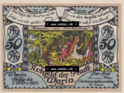 Notgeld Warin, Stadt in Mecklenburg-Schwerin C2 50 Pfennig (2). Deutsches Notgeld Warin, Stadt aus Land Mecklenburg-Schwerin im... Sammlung