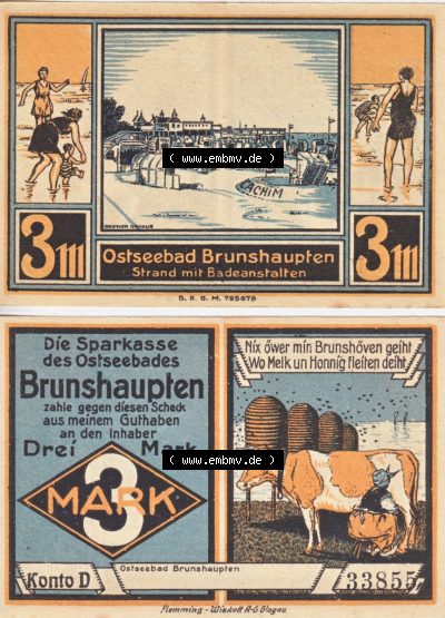 Notgeld Brunshaupten, Ostseebad in Mecklenburg-Schwerin Konto D, 3 Mark (3). Deutsches Notgeld Brunshaupten, Ostseebad aus Land... Sammlung