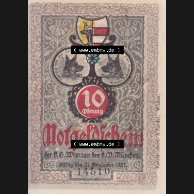 Notgeld Wismar, Stadt in Mecklenburg-Schwerin 1921, 10 Pfennig Sanitätshundeverein (1). Deutsches Notgeld Wismar, Stadt aus Land Mecklenburg-Schwerin im online Katalog... Sammlung