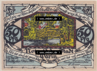 Notgeld Warin, Stadt in Mecklenburg-Schwerin A2 50 Pfennig (2). Deutsches Notgeld Warin, Stadt aus Land Mecklenburg-Schwerin im... Sammlung