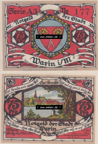 Notgeld Warin, Stadt in Mecklenburg-Schwerin A3 75 Pfennig (3). Deutsches Notgeld Warin, Stadt aus Land Mecklenburg-Schwerin im... Sammlung