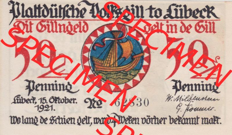 Notgeld Lübeck, Stadt im Land Lübeck, Plattdeutsche Volksgilde 1921, 50 Pfennig 4 Gamersfru (1). Deutsches Notgeld Lübeck, Stadt aus Land Lübeck... Sammlung