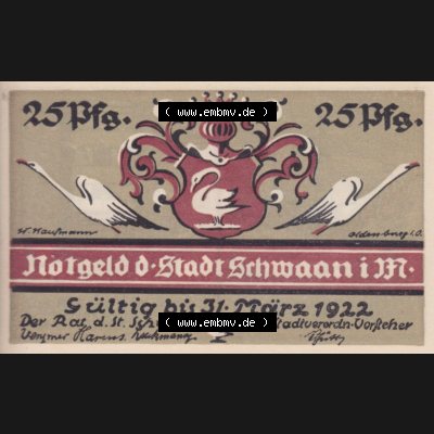 Notgeld Schwaan, Stadt in Mecklenburg-Schwerin, 1922, 25 Pfennig (1). Deutsches Notgeld Schwaan, Stadt aus Land Mecklenburg-Schwerin im online Katalog zum katalogisieren,... Sammlung