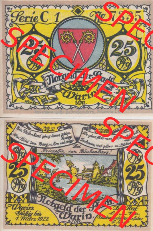 Notgeld Warin, Stadt in Mecklenburg-Schwerin C1 25 Pfennig (3). Deutsches Notgeld Warin, Stadt aus Land Mecklenburg-Schwerin im online Katalog zum katalogisieren, kategorisieren... Sammlung