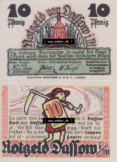 Notgeld Dassow, Stadt in Mecklenburg-Schwerin, 1922, 10 Pfennig (3). Deutsches Notgeld Dassow, Stadt aus Land Mecklenburg-Schwerin... Sammlung