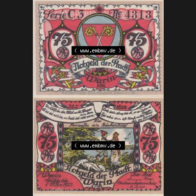 Notgeld Warin, Stadt in Mecklenburg-Schwerin C3 75 Pfennig (3). Deutsches Notgeld Warin, Stadt aus Land Mecklenburg-Schwerin im online Katalog zum katalogisieren, kategorisieren... Sammlung