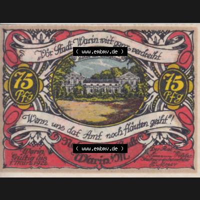 Notgeld Warin, Stadt in Mecklenburg-Schwerin B3 75 Pfennig (2). Deutsches Notgeld Warin, Stadt aus Land Mecklenburg-Schwerin im online Katalog zum katalogisieren, kategorisieren... Sammlung