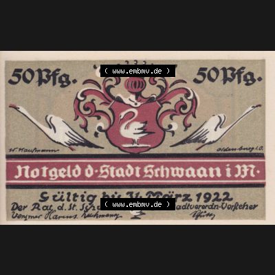 Notgeld Schwaan, Stadt in Mecklenburg-Schwerin, 1922, 50 Pfennig (1). Deutsches Notgeld Schwaan, Stadt aus Land Mecklenburg-Schwerin im online Katalog zum katalogisieren,... Sammlung