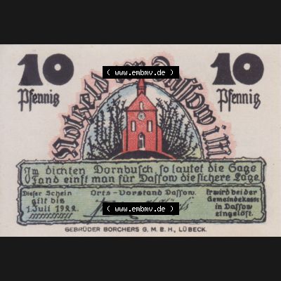Notgeld Dassow, Stadt in Mecklenburg-Schwerin, 1922, 10 Pfennig (1). Deutsches Notgeld Dassow, Stadt aus Land Mecklenburg-Schwerin im online Katalog zum katalogisieren,... Sammlung