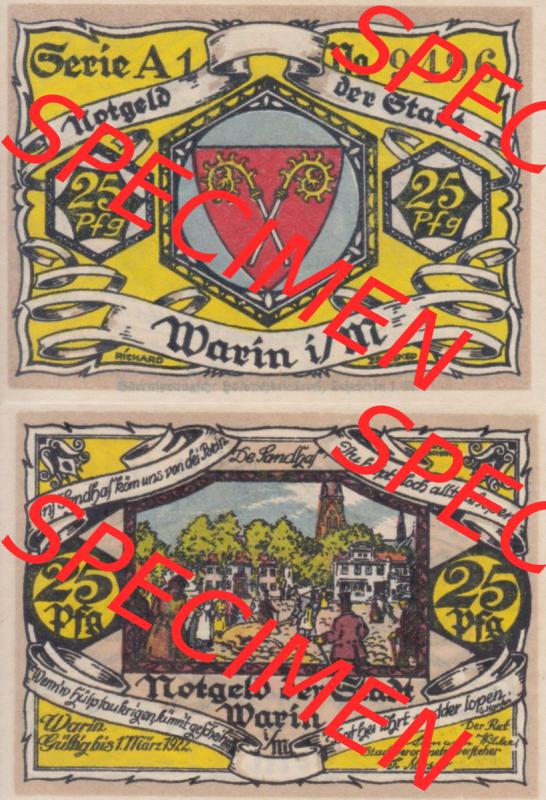 Notgeld Warin, Stadt in Mecklenburg-Schwerin A1 25 Pfennig (3). Deutsches Notgeld Warin, Stadt aus Land Mecklenburg-Schwerin im online Katalog zum katalogisieren, kategorisieren... Sammlung
