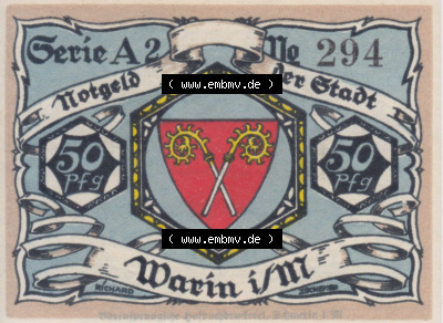 Notgeld Warin, Stadt in Mecklenburg-Schwerin A2 50 Pfennig (1). Deutsches Notgeld Warin, Stadt aus Land Mecklenburg-Schwerin im... Sammlung