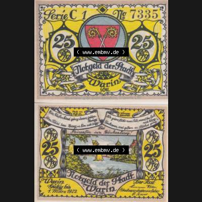 Notgeld Warin, Stadt in Mecklenburg-Schwerin C1 25 Pfennig (3). Deutsches Notgeld Warin, Stadt aus Land Mecklenburg-Schwerin im online Katalog zum katalogisieren, kategorisieren... Sammlung