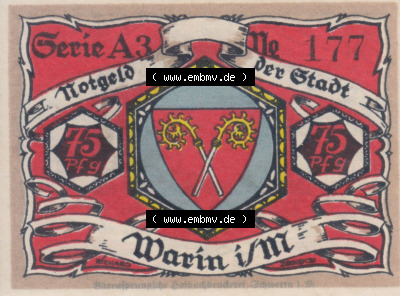 Notgeld Warin, Stadt in Mecklenburg-Schwerin A3 75 Pfennig (1). Deutsches Notgeld Warin, Stadt aus Land Mecklenburg-Schwerin im... Sammlung