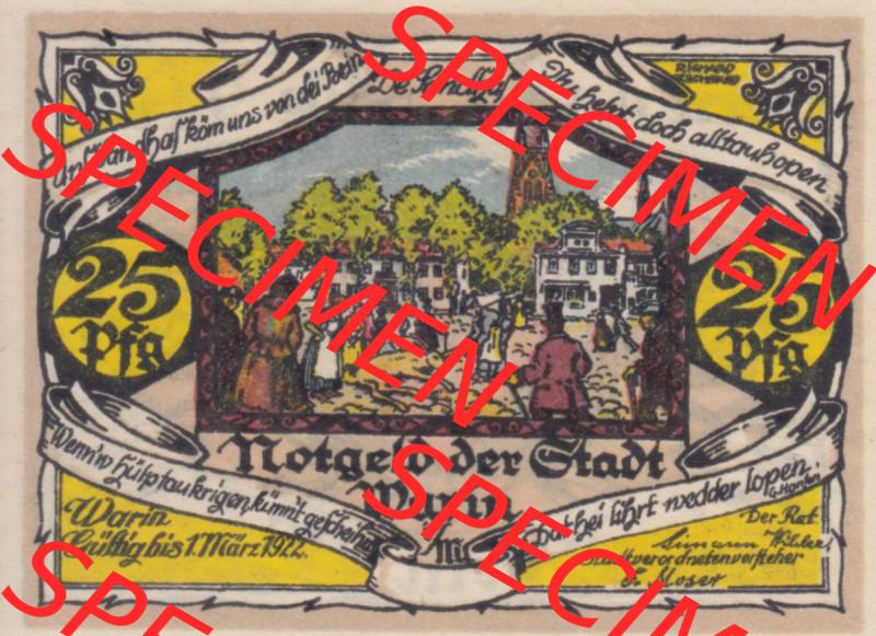 Notgeld Warin, Stadt in Mecklenburg-Schwerin A1 25 Pfennig (2). Deutsches Notgeld Warin, Stadt aus Land Mecklenburg-Schwerin im online Katalog zum katalogisieren, kategorisieren... Sammlung