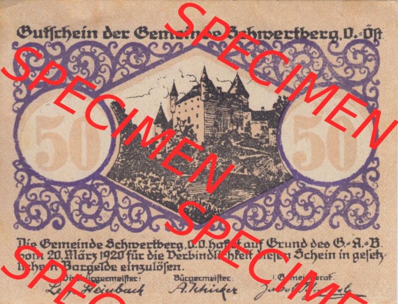 Notgeldscheine Oberösterreich Schwertberg 50 Heller (1). Notgeld Oberösterreich Schwertberg, Notgeldscheine aus Oberösterreich im online Katalog für private Sammler,... Sammlung