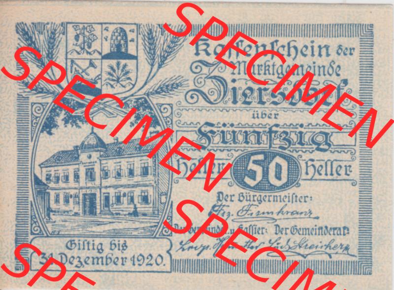 Notgeldscheine Niederösterreich Ziersdorf 1920, 50 Heller. Vorderseite des Notgeldscheins im online Katalog auf EMBMV zum katalogisieren der eigenen Sammlung für private Sammler... Sammlung