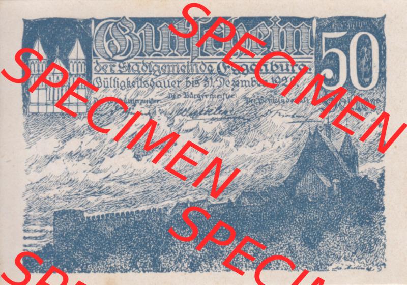Notgeldscheine Niederösterreich Eggenburg 1920, 50 Heller II. Vorderseite des Notgeldscheins im online Katalog auf EMBMV zum katalogisieren der eigenen Sammlung für private Sammler... Sammlung