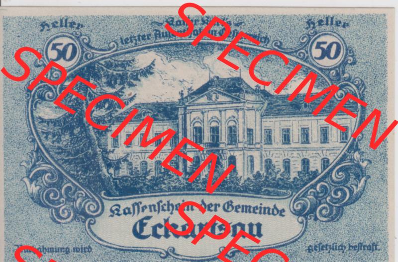 Notgeldscheine Niederösterreich Eckartsau 1920, 50 Heller. Vorderseite des Notgeldscheins im online Katalog auf EMBMV zum katalogisieren der eigenen Sammlung für private Sammler... Sammlung