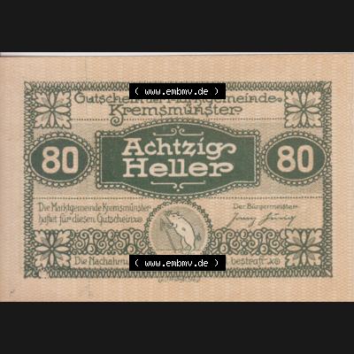 Notgeldscheine Oberösterreich Kremsmünster 1920, 80 Heller. Vorderseite des oberösterreichischen Notgeldscheins im online Katalog auf EMBMV zum katalogisieren der eigenen Notgeld-Sammlung... Sammlung