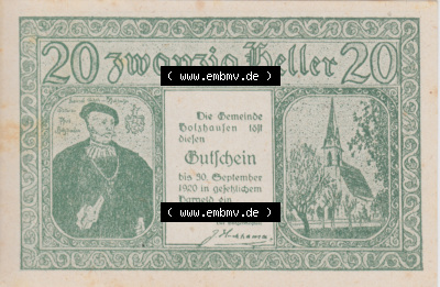Notgeldscheine Oberösterreich Holzhausen 1920, 20 Hellerr. Vorderseite des oberösterreichischen Notgeldscheins im online Katalog... Sammlung