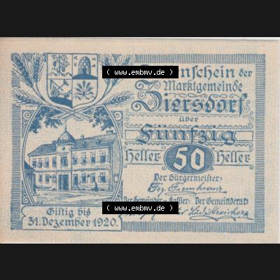 Notgeldscheine Niederösterreich Ziersdorf 1920, 50 Heller. Vorderseite des Notgeldscheins im online Katalog auf EMBMV zum katalogisieren der eigenen Sammlung für private Sammler... Sammlung