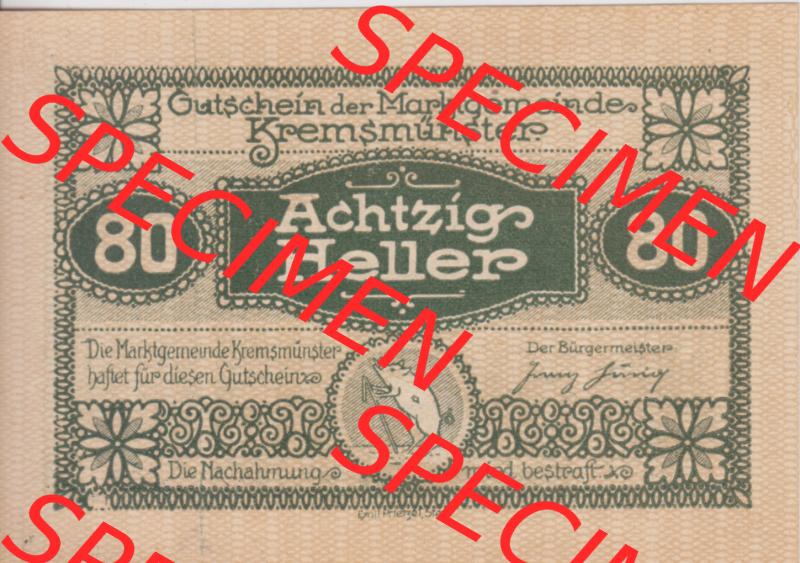 Notgeldscheine Oberösterreich Kremsmünster 1920, 80 Heller. Vorderseite des oberösterreichischen Notgeldscheins im online Katalog auf EMBMV zum katalogisieren der eigenen Notgeld-Sammlung... Sammlung