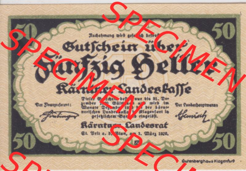 Notgeldscheine Kärnten Kärntner Landeskasse 1920, 50 Heller. Vorderseite des Notgeldscheins im online Katalog auf EMBMV zum katalogisieren der eigenen Sammlung für private Sammler... Sammlung