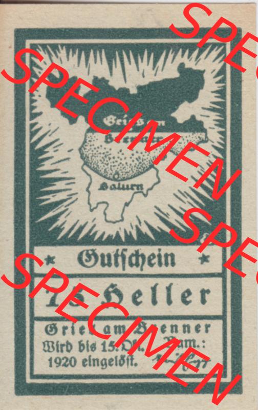 Notgeldscheine Tirol Gries am Brenner1920, 75 Heller (1) Sammlung