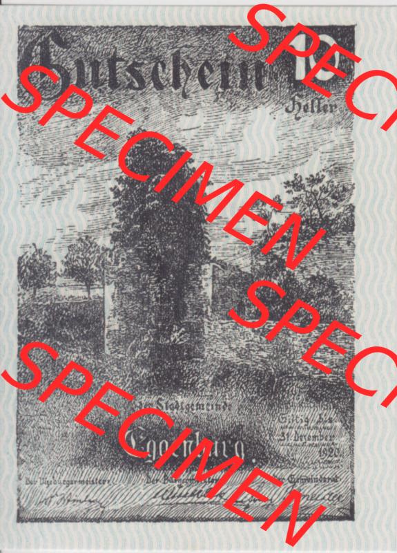 Notgeldscheine Niederösterreich Eggenburg 1920, 10 Heller. Vorderseite des Notgeldscheins im online Katalog auf EMBMV zum katalogisieren der eigenen Sammlung für private Sammler... Sammlung