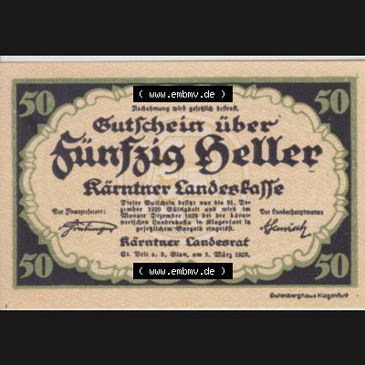 Notgeldscheine Kärnten Kärntner Landeskasse 1920, 50 Heller. Vorderseite des Notgeldscheins im online Katalog auf EMBMV zum katalogisieren der eigenen Sammlung für private Sammler... Sammlung