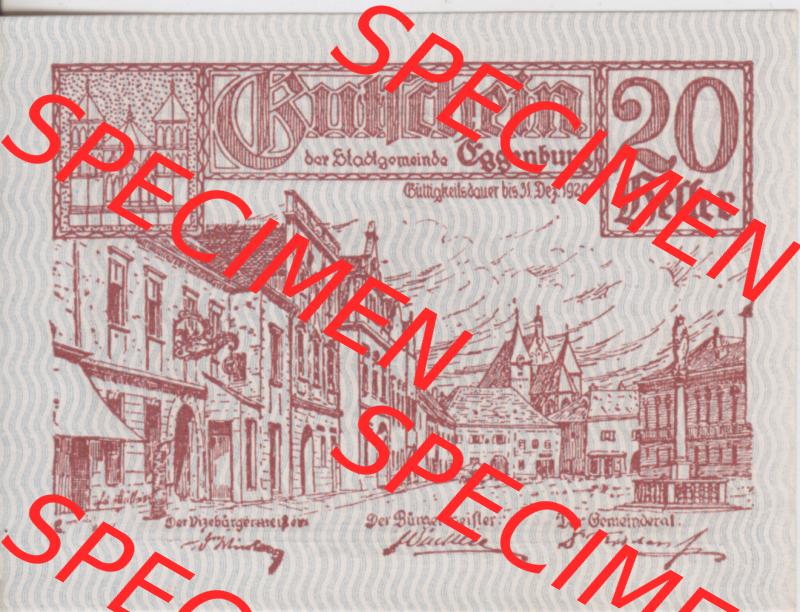 Notgeldscheine Niederösterreich Eggenburg 1920, 20 Heller. Vorderseite des Notgeldscheins im online Katalog auf EMBMV zum katalogisieren der eigenen Sammlung für private Sammler... Sammlung