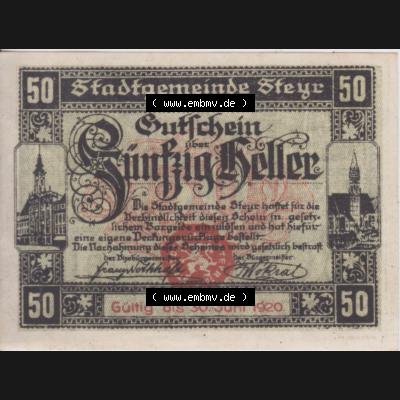 Notgeldscheine Oberösterreich Steyr 1919-1920, 50 Heller (1). Notgeld Oberösterreich Steyr, Notgeldscheine aus Oberösterreich im online Katalog für private... Sammlung