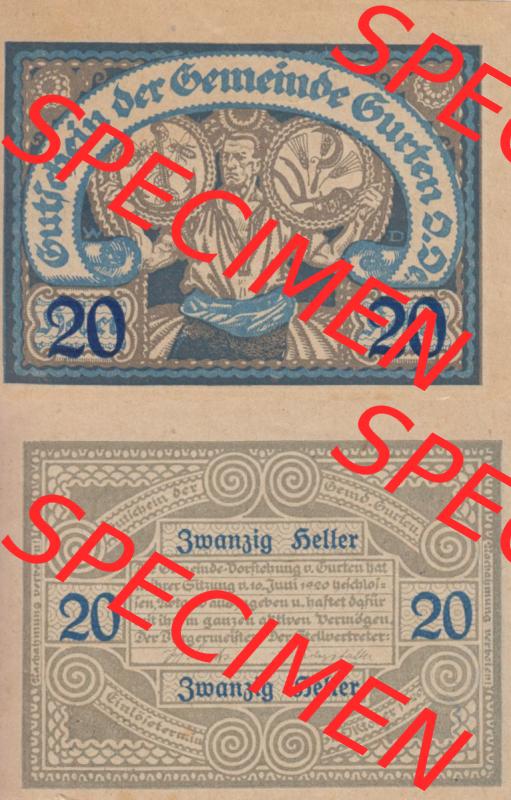 Notgeldscheine Oberösterreich Gurten, Gemeinde 1920, 20 Heller. Vorderseite und Rückseite auf einen Digitalen Bild des oberösterreichischen Notgeldscheins im online Katalog... Sammlung