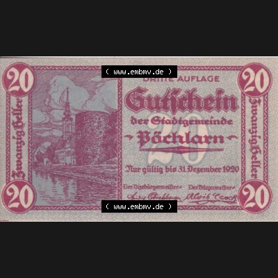 Notgeldscheine Niederösterreich Pöchlarn 1920, 20 Heller. Vorderseite des Notgeldscheins im online Katalog auf EMBMV zum katalogisieren der eigenen Sammlung für private Sammler... Sammlung