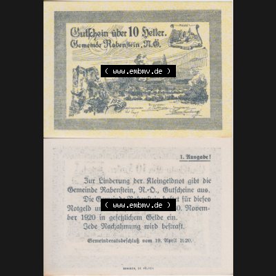 Notgeldscheine Niederösterreich Gemeinde Rabenstein 1920, 10 Heller. Vorderseite und Rückseite des Notgeldscheins auf einen Digitalen Bild zu katalogisieren der eigenen Notgeld-Sammlung... Sammlung