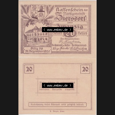 Notgeldscheine Niederösterreich Ziersdorf 1920, 20 Heller. Vorderseite und Rückseite des Notgeldscheins auf einen Digitalen Bild zu katalogisieren der eigenen Notgeld-Sammlung im... Sammlung
