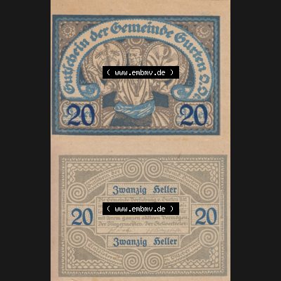 Notgeldscheine Oberösterreich Gurten, Gemeinde 1920, 20 Heller. Vorderseite und Rückseite auf einen Digitalen Bild des oberösterreichischen Notgeldscheins im online Katalog... Sammlung