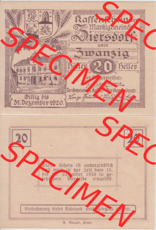 Notgeldscheine Niederösterreich Ziersdorf 1920, 20 Heller. Vorderseite und Rückseite des Notgeldscheins auf einen Digitalen Bild zu katalogisieren der eigenen Notgeld-Sammlung im... Sammlung