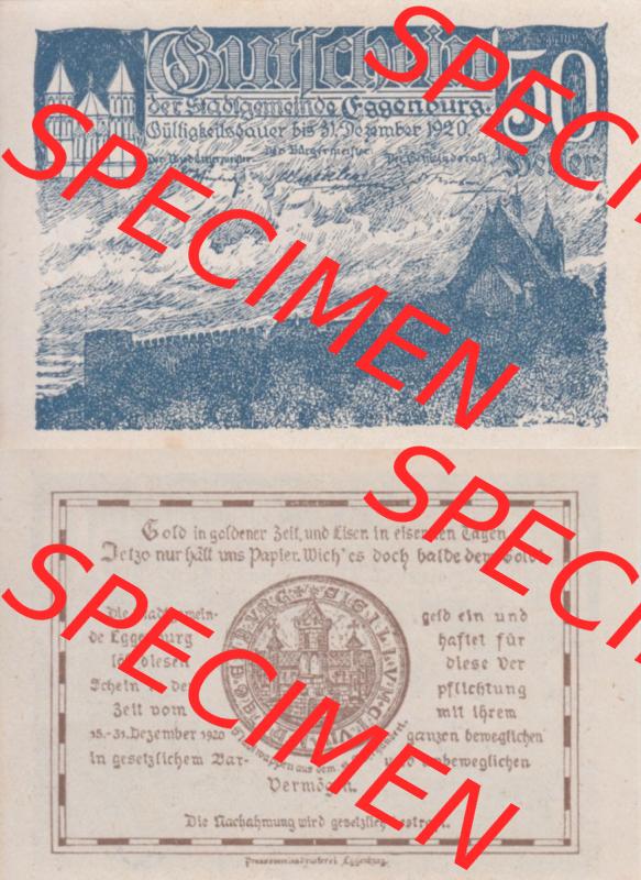 Notgeldscheine Niederösterreich Eggenburg 1920, 50 Heller II. Vorderseite und Rückseite des Notgeldscheins auf einen Digitalen Bild zu katalogisieren der eigenen Notgeld-Sammlung... Sammlung