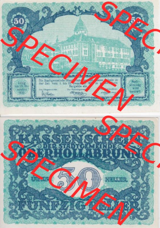 Notgeldscheine Niederösterreich Oberhollabrunn Kassenschein 50 Heller. Vorderseite und Rückseite des Notgeldscheins auf einen Digitalen Bild zu katalogisieren der eigenen Notgeld-Sammlung... Sammlung