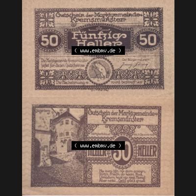 Notgeldscheine Oberösterreich Kremsmünster 1920, 50 Heller. Vorderseite und Rückseite auf einen Digitalen Bild des oberösterreichischen Notgeldscheins im online Katalog... Sammlung