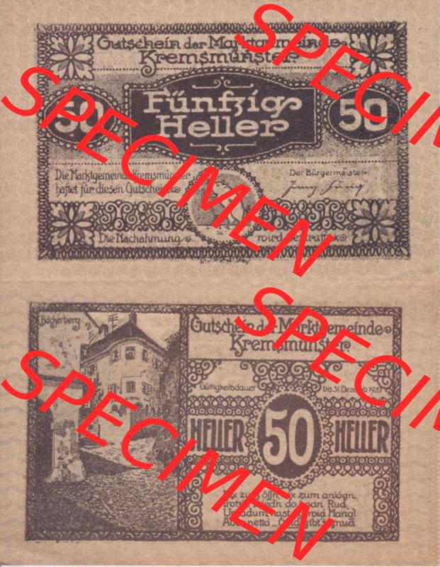 Notgeldscheine Oberösterreich Kremsmünster 1920, 50 Heller. Vorderseite und Rückseite auf einen Digitalen Bild des oberösterreichischen Notgeldscheins im online Katalog... Sammlung