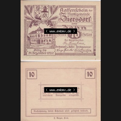 Notgeldscheine Niederösterreich Ziersdorf 1920, 10 Heller. Vorderseite und Rückseite des Notgeldscheins auf einen Digitalen Bild zu katalogisieren der eigenen Notgeld-Sammlung im... Sammlung