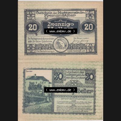 Notgeldscheine Oberösterreich Kremsmünster 1920, 20 Heller. Vorderseite und Rückseite auf einen Digitalen Bild des oberösterreichischen Notgeldscheins im online Katalog... Sammlung