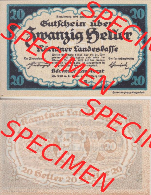 Notgeldscheine Kärnten Kärntner Landeskasse 1920, 20 Heller. Vorderseite und Rückseite des Notgeldscheins auf einen Digitalen Bild zu katalogisieren der eigenen Notgeld-Sammlung... Sammlung