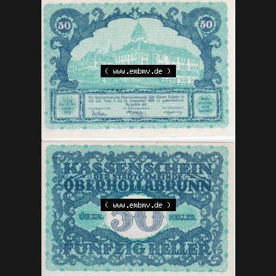 Notgeldscheine Niederösterreich Oberhollabrunn Kassenschein 50 Heller. Vorderseite und Rückseite des Notgeldscheins auf einen Digitalen Bild zu katalogisieren der eigenen Notgeld-Sammlung... Sammlung