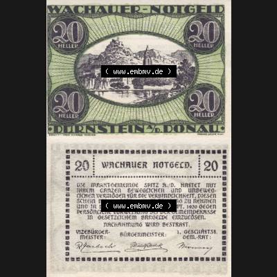 Notgeldscheine Niederösterreich Dürnstein Wachauer Notgeld 1920, 20 Heller. Vorderseite und Rückseite des Notgeldscheins auf einen Digitalen Bild zu katalogisieren der eigenen... Sammlung