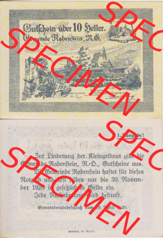 Notgeldscheine Niederösterreich Gemeinde Rabenstein 1920, 10 Heller. Vorderseite und Rückseite des Notgeldscheins auf einen Digitalen Bild zu katalogisieren der eigenen Notgeld-Sammlung... Sammlung