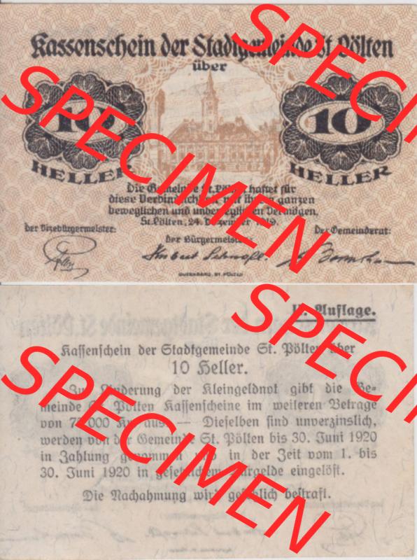 Notgeldscheine Niederösterreich Sankt Pölten 10 Heller. Vorderseite und Rückseite des Notgeldscheins auf einen Digitalen Bild zu katalogisieren der eigenen Notgeld-Sammlung im online... Sammlung