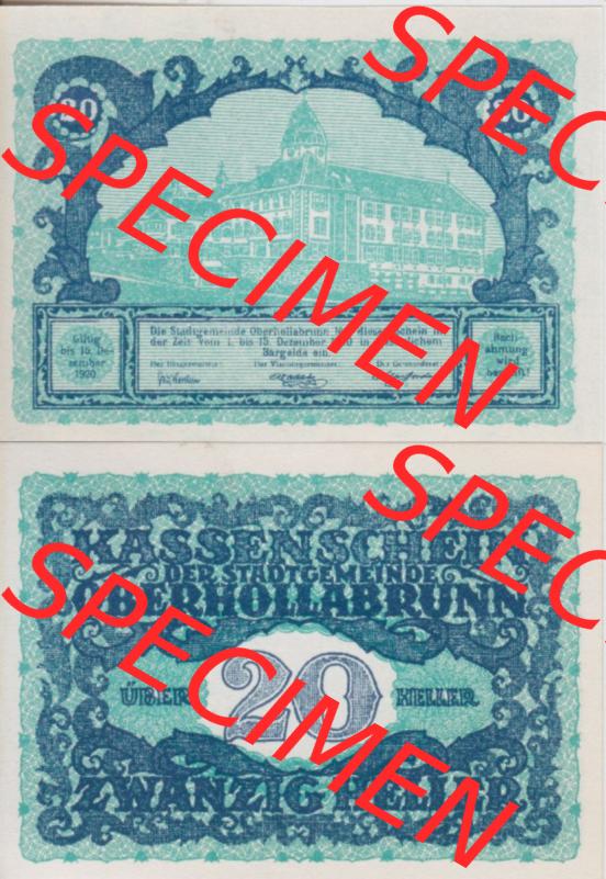 Notgeldscheine Niederösterreich Oberhollabrunn Kassenschein 20 Heller. Vorderseite und Rückseite des Notgeldscheins auf einen Digitalen Bild zu katalogisieren der eigenen Notgeld-Sammlung... Sammlung